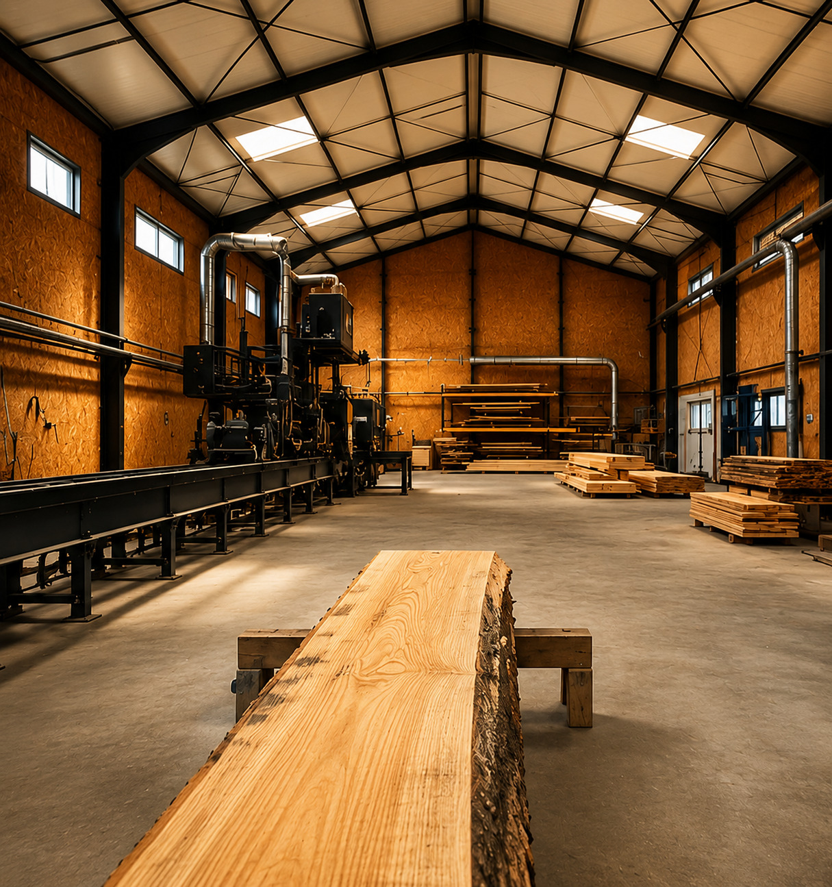 Scierie SNBD Vieu — intérieur atelier de sciage à La Salvetat-sur-Agout, Hérault (34), Parc Naturel du Haut-Languedoc
