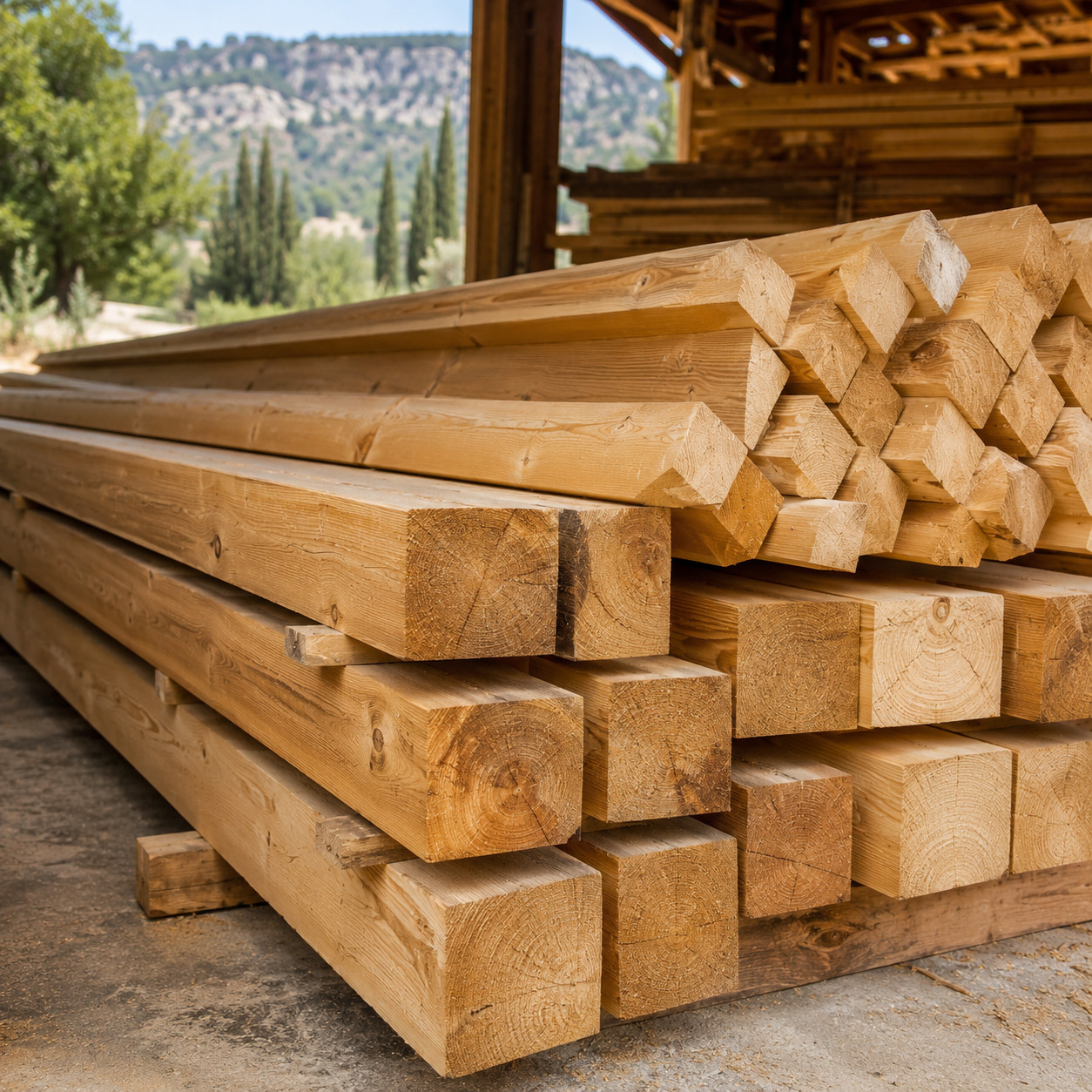 Poutres et chevrons en bois de charpente débités sur mesure — sciage à façon SNBD Vieu, Massif Central