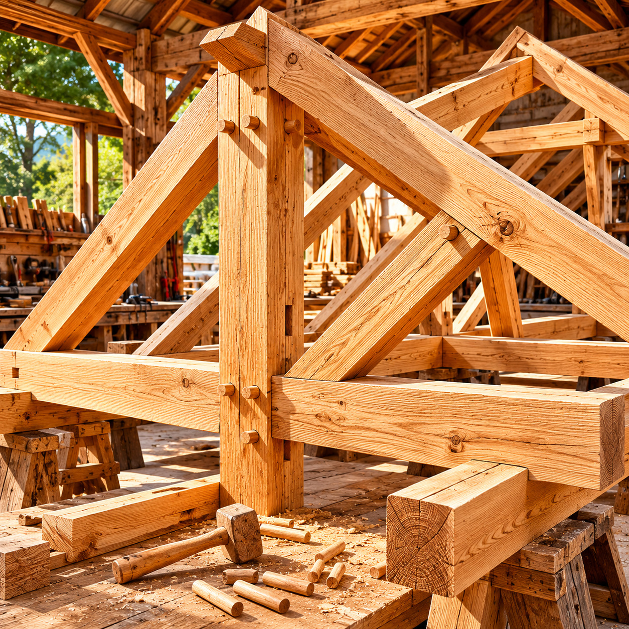 Charpente traditionnelle bois en atelier artisanal dans le Tarn
