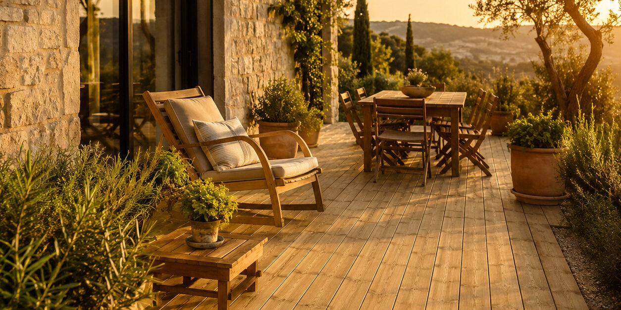 Terrasse en bois de pin classe 4 devant une maison provençale Terrasse en bois de pin traité autoclave classe 4 devant une maison en pierre de style provençal avec mobilier de jardin et olivier.