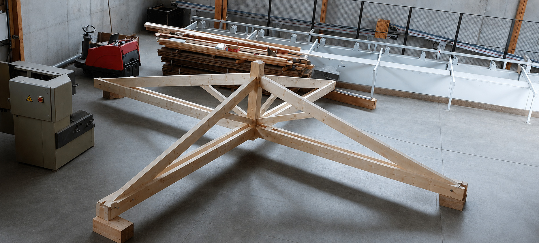 Ferme de charpente traditionnelle en étoile fabriquée dans notre atelier, Occitanie