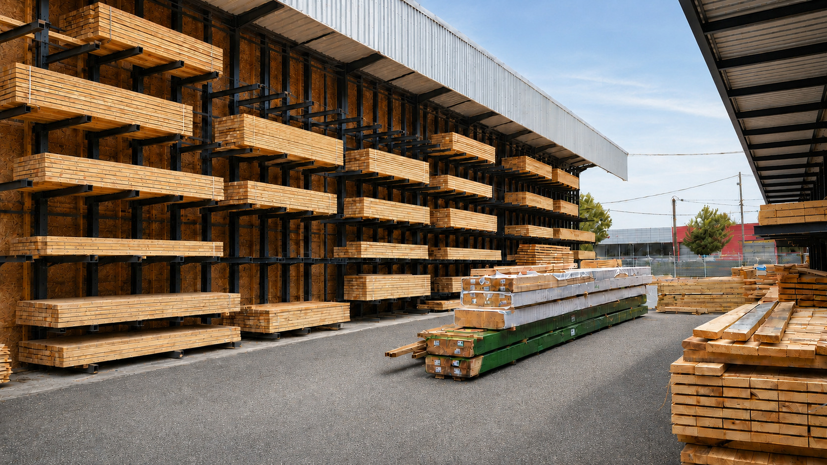 Parc de stockage bois sur racks au dépôt SNBD Vieu de Graulhet, négociant bois Tarn