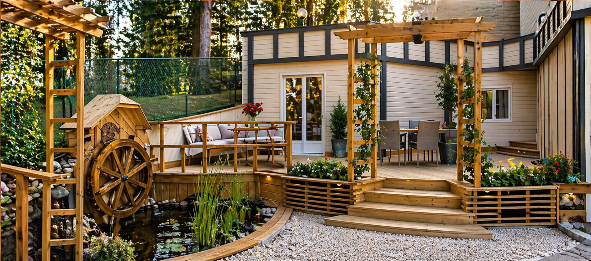Aménagement extérieur complet en bois dans le Tarn — terrasse, pergola sur mesure et bardage réalisés avec les bois SNBD Vieu, essences locales certifiées BTMC et PEFC, Occitanie